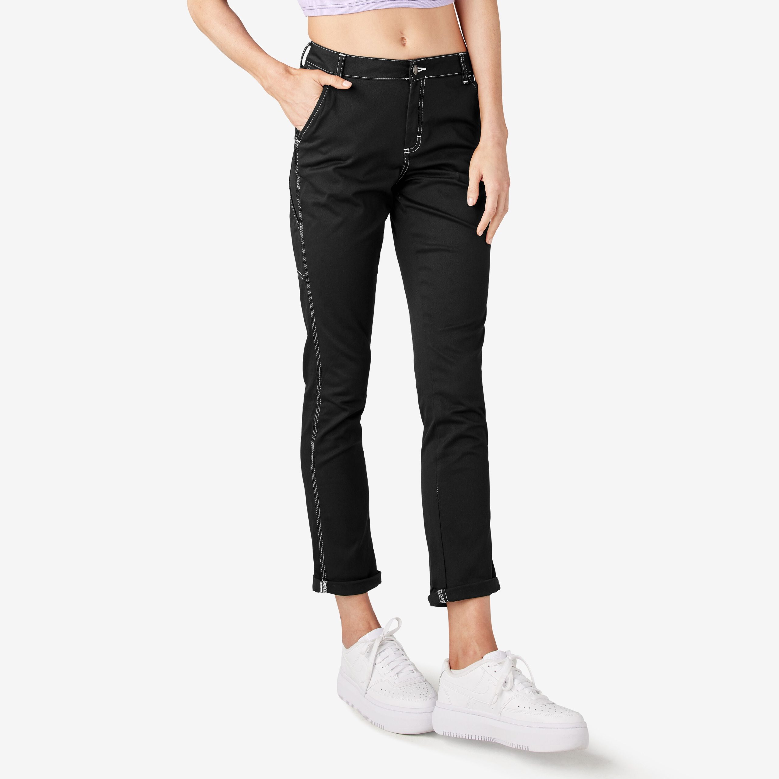 Women's Slim Straight Fit Roll Hem Carpenter Pants - Image 4